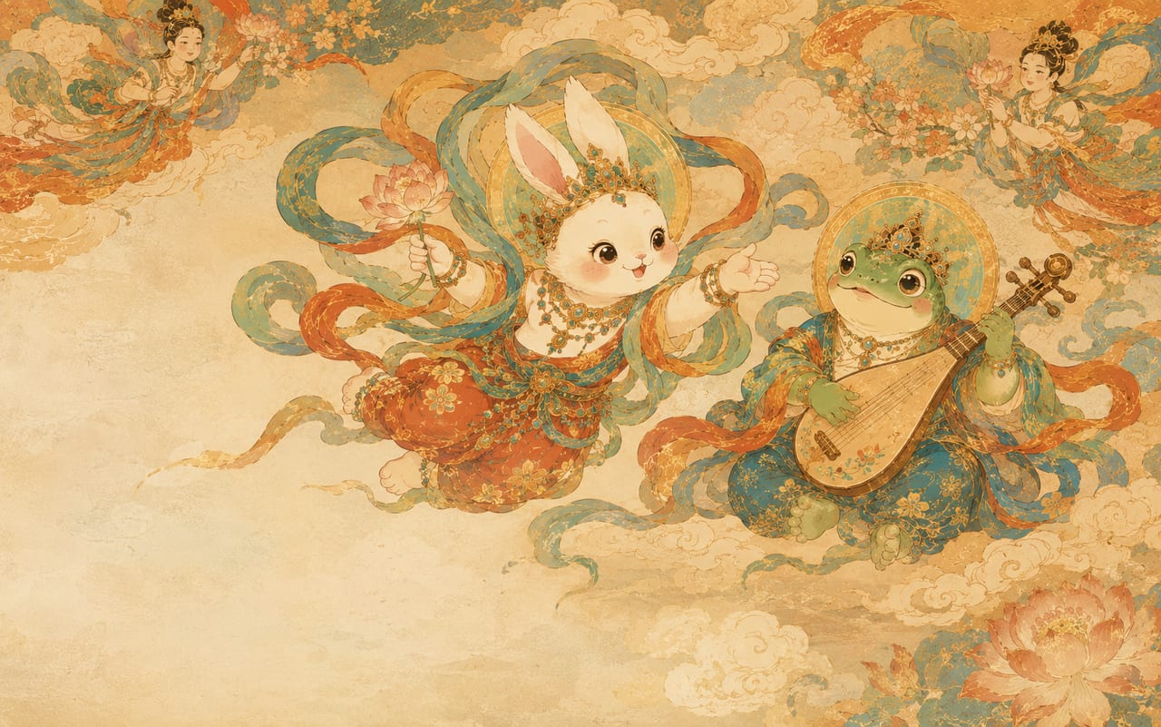玉兔与青蛙乐师在敦煌风云纹中巡游
